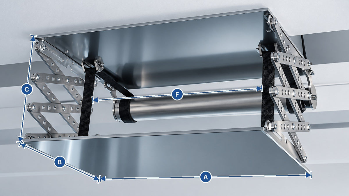 Beamerlift Ultrakompakt-L Maße: A Breite 53,5 cm, B Öffnungstiefe 40 cm, C Hubhöhe, F Stellfläche innen 35,7 cm – Projektorlift von Braun Antriebe