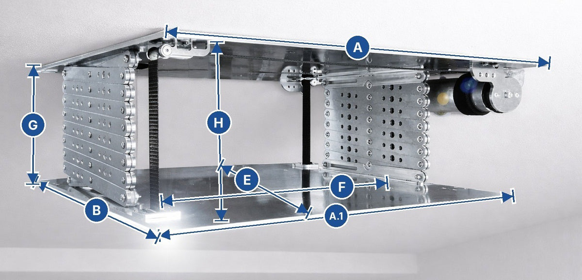 Beamer Deckenlift BA 60×60 Maße: A Gehäusebreite 70 cm, A.1 und B Bodenplatte 60 × 60 cm, Stellfläche innen 53 × 60 cm, G Außenhöhe, H Innenhöhe – Projektorlift für Rasterdecken
