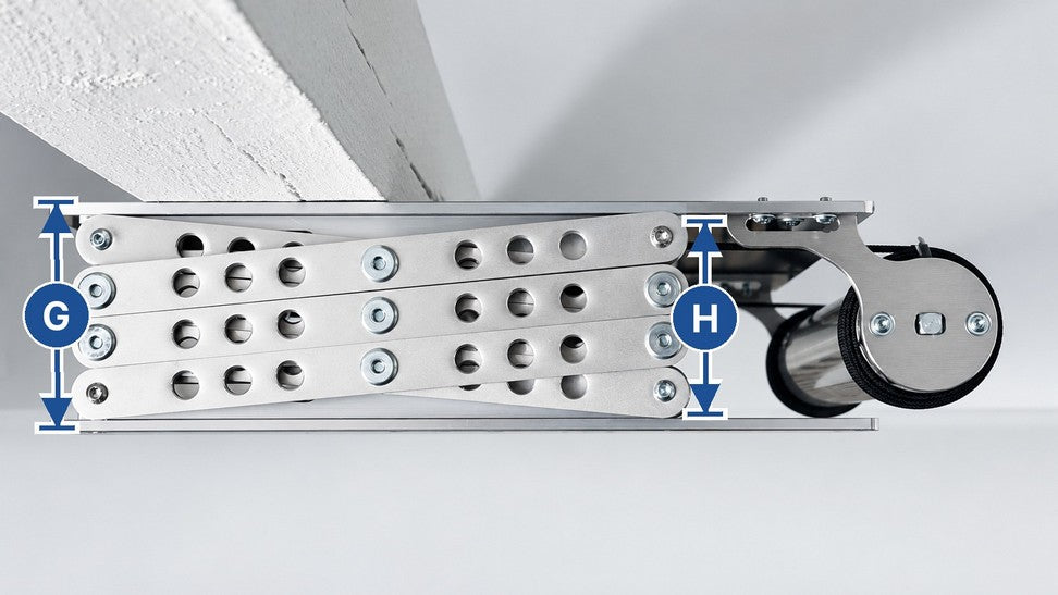 Beamer Deckenlift JUMBO 70×50 eingefahren: G Außenhöhe und H Innenhöhe ab 10,7 cm – flache Einbauhöhe