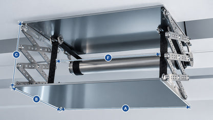 Beamerlift Ultrakompakt-L Maße: A Breite 53,5 cm, B Öffnungstiefe 40 cm, C Hubhöhe, F Stellfläche innen 35,7 cm – Projektorlift von Braun Antriebe