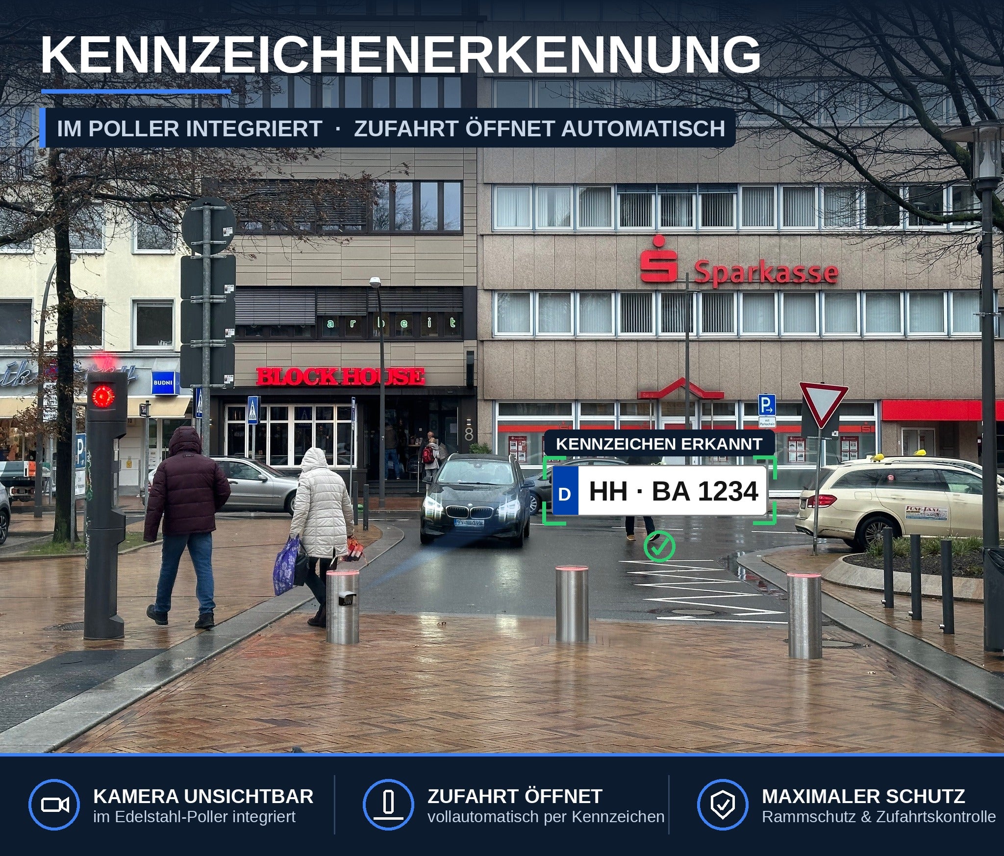 Kennzeichenerkennung im Poller integriert – Zufahrt öffnet automatisch, Braun Antriebe